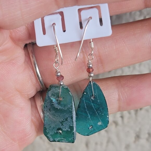 New handmade sterling silver 925 blue green sea glass dangle earrings - Picture 11 of 16